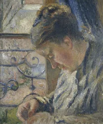 Madame Pissarro portréja egy ablak mellett varr, 19. század
